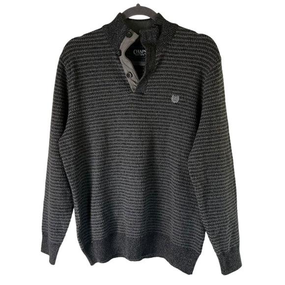 Chaps Mens Gray Knit Sweater Button-Up Neckline Elbow Patches Embroidered Logo S - Picture 1 of 13
